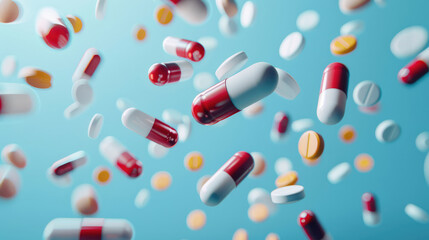 medical capsules antibiotics levitate on a blue background
