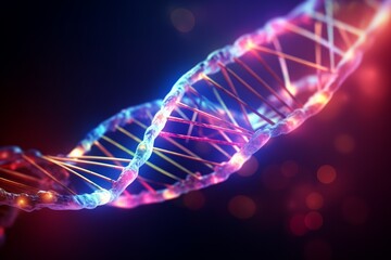 A glowing blue and pink double helix representing DNA on a dark blue background.
