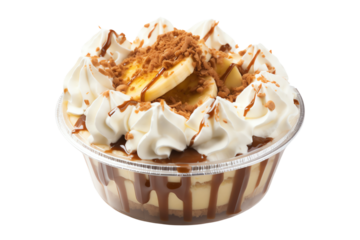 Decadent dessert with layers of chocolate, banana, and whipped cream.