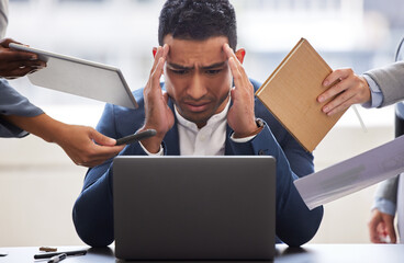 Business people, man and stress with workflow crisis, burnout and anxiety with deadline, overwhelmed and laptop. Group, employees and consultant with pc, chaos and multitasking with mental health