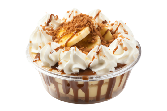 Decadent dessert with layers of chocolate, banana, and whipped cream.