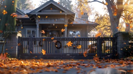 Autumn morning at a craftsman house, leaves decorate the rod gate amidst a fall setting.