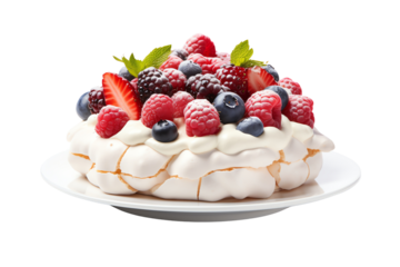 Pavolova with fresh berries and cream on white plate.