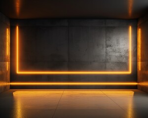 Dark room with concrete walls and glowing orange neon lights on the floor and ceiling.