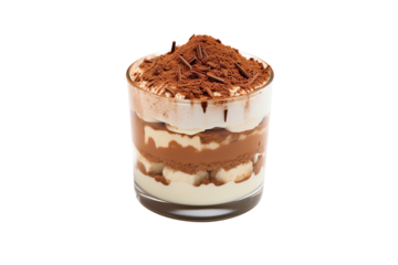 Tiramisu in a glass, a traditional Italian dessert with layers of ladyfingers, coffee, and mascarpone cream.