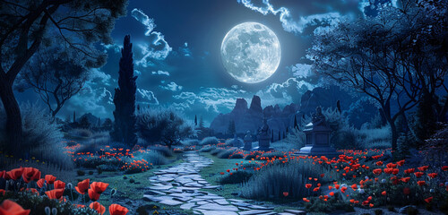Memorial Day reflection through a tranquil poppy garden under a full moon with paths leading  monuments of heroes.