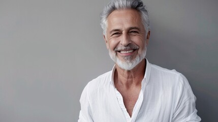 Stylish senior man with grey hair, clad in a crisp white shirt, smiling confidently at the camera against a sleek grey background
