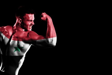 Syria flag handsome young muscular man black background