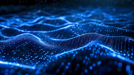 Abstract waves of glowing digital lines, dynamic network system.