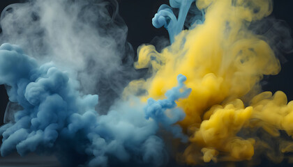 Vivid blue and yellow smoke swirls against a dark background