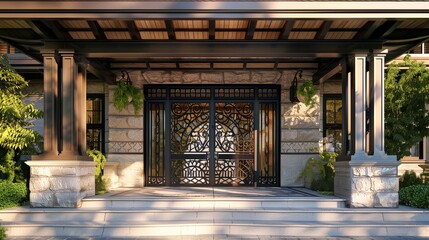 Craftsman house front entrance featuring an ornate wrought iron gate and grillwork beneath a...