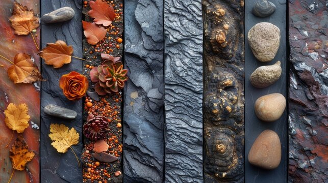 Image shows a variety of materials including wood, stone, and leaves. The colors are mostly browns, grays, and greens. The image is very calming and relaxing.