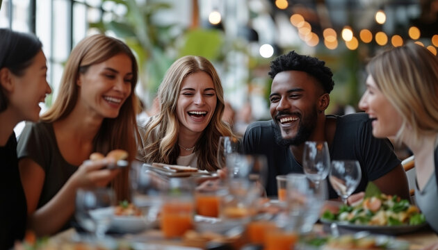 showing a diverse group of workmates laughing and sharing stories over lunch in the bright, modern office cafeteria, Business, workmates, office, cafeteria, with copy space