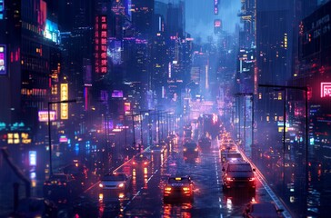 Rainy night neon cityscape