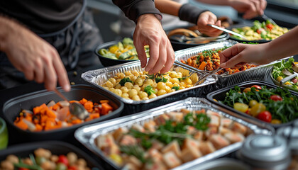 Obraz premium featuring a close-up of hands reaching for various dishes on a shared cafeteria table, focusing on the action and interaction, Business, workmates, office, cafeteria, with copy spa