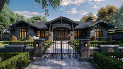 Elegant craftsman house in slate grey with a custom-made rod gate and window grills, set against a...