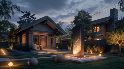 Evening view of a slate grey craftsman house with outdoor lighting that highlights a modern art...