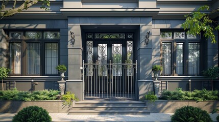 A craftsman house in slate grey under the sun, showcasing traditional rod gate and decorative...
