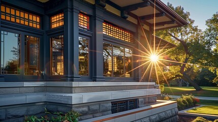 Noon scene at a craftsman house, the high sun spotlighting its slate grey exterior and metal grills.