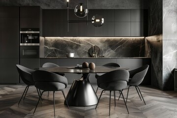 Dark grey kitchen with herringbone floor, dining table and chairs in front of it, modern minimalism interior design with marble wall panels
