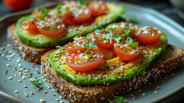 healthy breakfast options, delicious avocado toast topped with cherry tomatoes and sesame seeds, a healthy meal choice