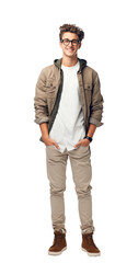 Young adult man in glasses isolated on transparent white background. Full body