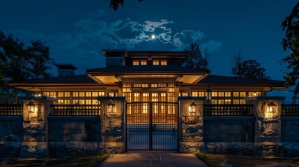 Night view of a craftsman house glowing under moonlight, with outdoor lights accentuating the rod gate and window grills.