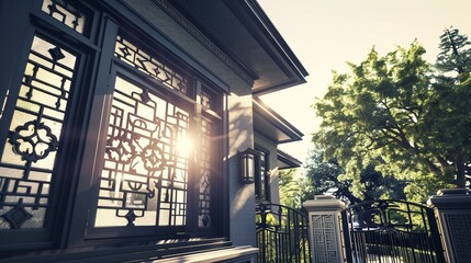 Bright noon sunlight illuminates intricate grillwork on a slate grey craftsman house's windows and...