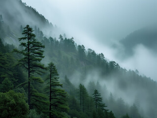A foggy morning shrouds a pine forest in a valley, evoking an eerie and intimidating ambiance. The surroundings exude a somber atmosphere, reminiscent of bygone days.