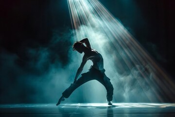 A dancer on a dark stage, spotlighted in a beam of light, emphasizing the movement and the contrast between light and shadow