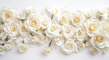 Artistic composition of white roses arranged elegantly on a white background, blending seamlessly into the frame.
