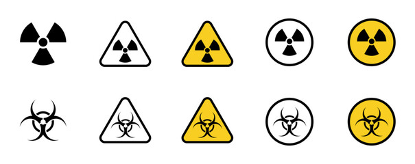 Set of radiation hazard signs. Radiation area. Radioactive threat alert.