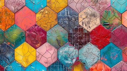 Artistic wall background featuring a creative mix of textured diamonds and hexagons in a mosaic of bright, bold colors for a statement piece.
