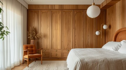 Bedroom in small apartment, wooden walls
