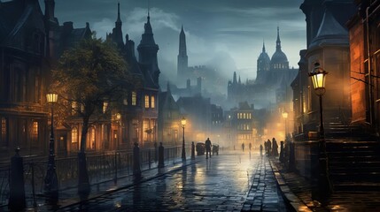 Early morning urban setting with joggers and dog walkers on a misty city street lined with old brick buildings and street lamps