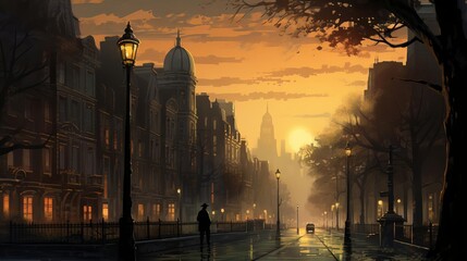 Obraz premium Early morning urban setting with joggers and dog walkers on a misty city street lined with old brick buildings and street lamps