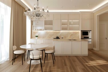 Kitchen design, modern minimalism, amber laminate flooring