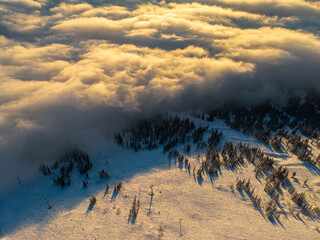 Snow Covered Ski Resort Winter Wonderland Breathtaking Sunrise Aerial View