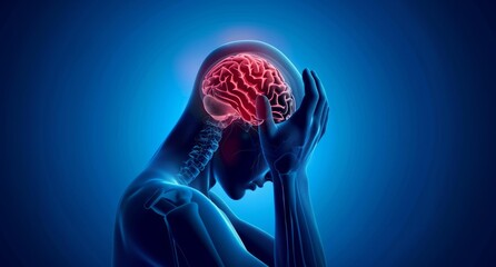 A human head with brain pain isolated on a blue background