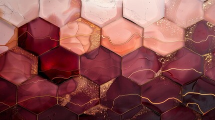 Elegant and dynamic wall background featuring deep maroon and soft peach hexagons, layered with tidewater alcohol paint, gold powder details, and marble lines mimicking ocean currents.