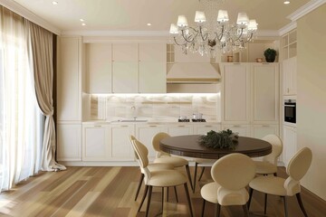 Kitchen design, modern minimalism, amber laminate flooring