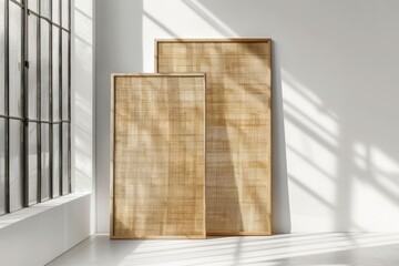 Brown wooden tray on table by white wall