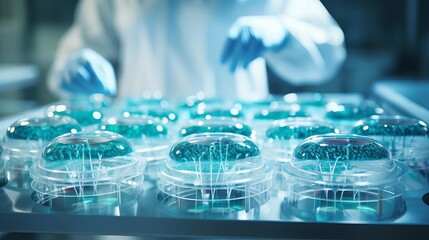 Healthcare professional in a sterile lab examining human cells in a petri dish, with detailed focus on the cells, ample copy space