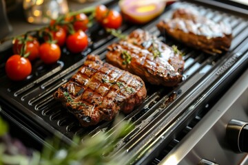 Steaks and Tomatoes Cooking on Grill