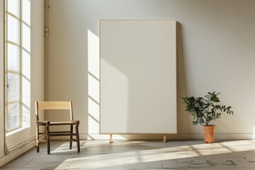 Mockup of poster frame with vertical wooden frame in background inside home