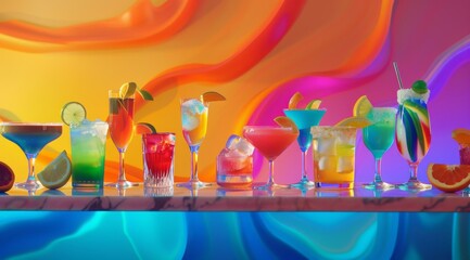 Assortment of colorful exotic alcoholic cocktails served in glasses with garnishes