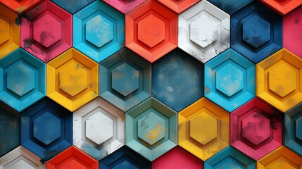 Vibrant wall background with textured hexagons and diamonds in bright colors.