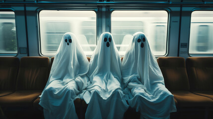 電車の座席に座る3人のゴースト。幽霊、コスチューム、コスプレ