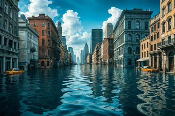 A city flooded after record heavy rains due to changing weather patterns. Melting glaciers due to global warming causing sea water to rise and inundate a low lying city. Environmental disaster concept