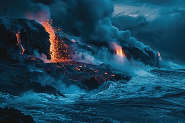 Lava Flow in the Ocean With Pouring Lava